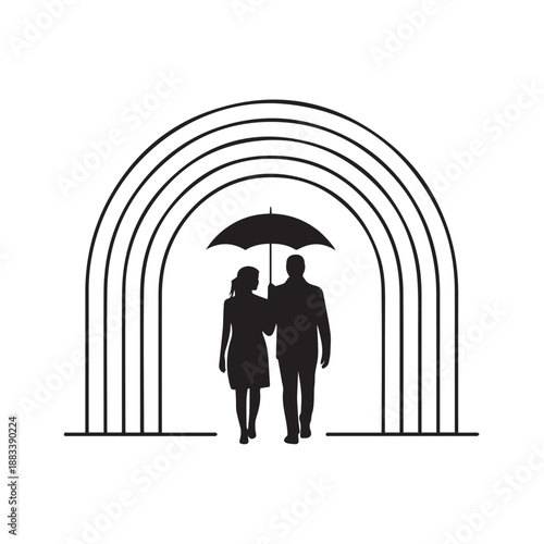 Silhouette of man and woman walking under large umbrella inside rainbow arch frame representing protection love and commitment in minimalist black line art vector illustration