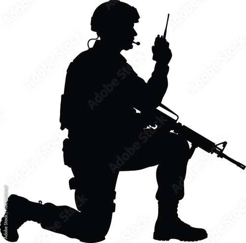 Special forces soldier silhouettes set, armed military officers in standing and salute poses, tactical uniform warriors, modern army collection vector illustration