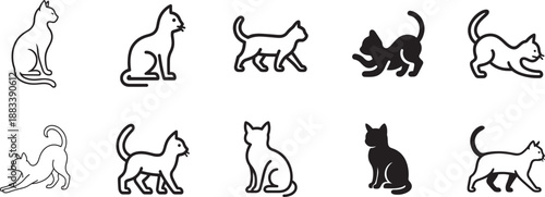 Elegant cat outline icon set with four minimalist feline silhouettes, clean linear pet logo icons.