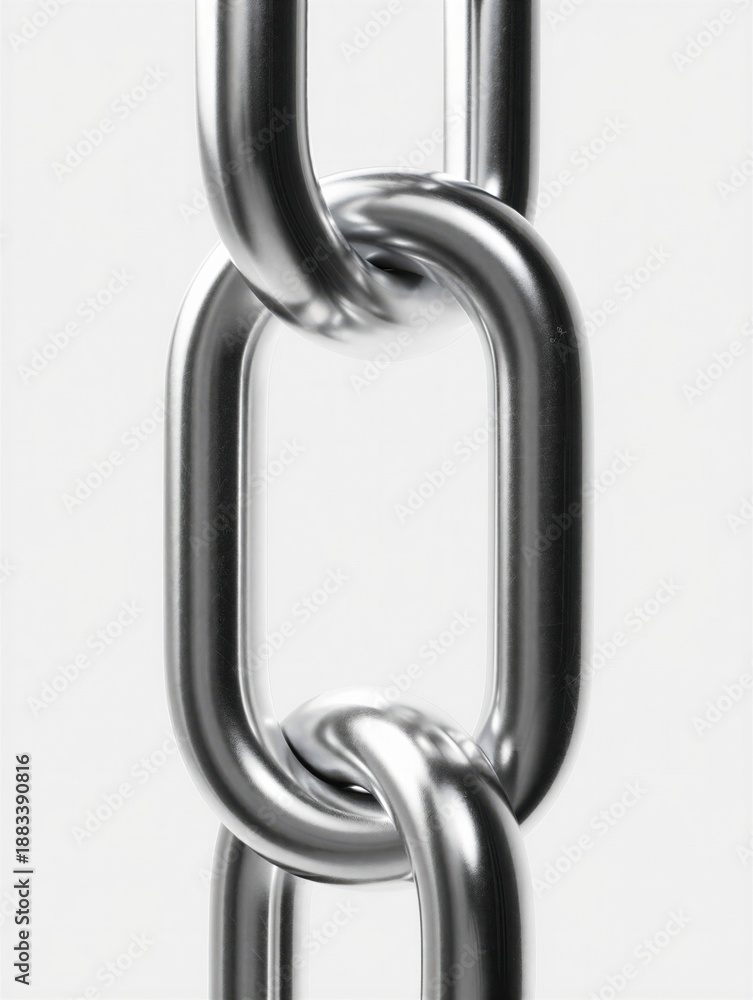 Obraz premium Close-up view of interconnected shiny metallic chain links against a white background. Strong connection and durability concept.