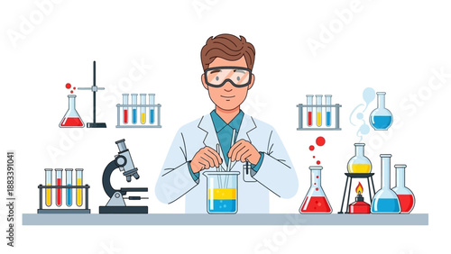Scientist conducting an experiment in a laboratory setting with various equipment and chemicals