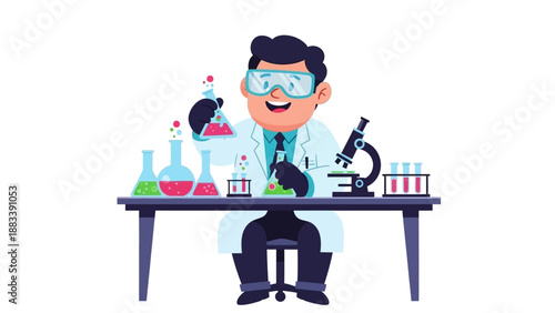 Scientist conducting experiment in laboratory setting with various equipment and specimens
