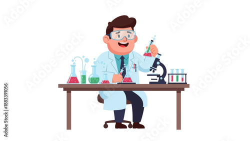 Scientist Conducting Experiment with Microscope and Test Tubes in Laboratory Setting