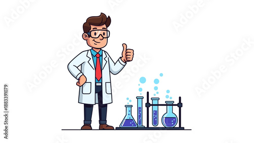 A scientist in a laboratory setting conducting an experiment with various beakers and flasks