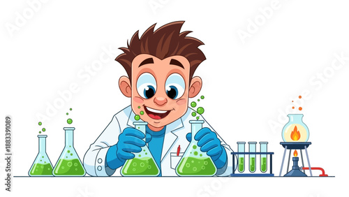 A cartoon scientist enthusiastically conducts an experiment in a laboratory filled with green chemicals and various scientific equipment