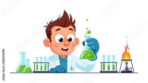 Scientist Conducts Chemistry Experiment with Beakers and Flames in Laboratory Setting