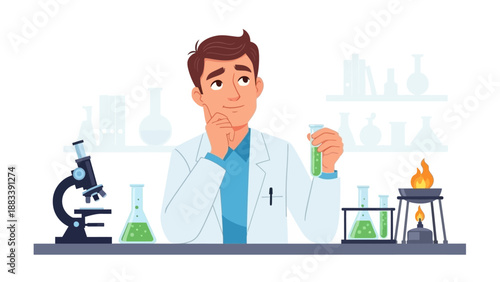 Scientist Examining Chemicals in a Laboratory Setting with Various Equipment and Specimens