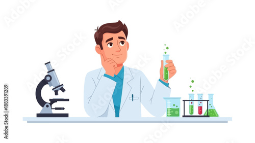 A scientist in a laboratory setting examines a test tube with a green liquid