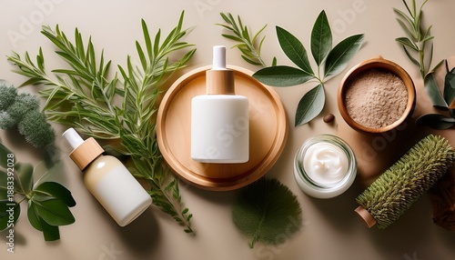 natural skincare products arranged aesthetically with herbs and