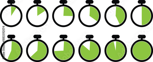 Green and white pie chart stopwatch icons on white background