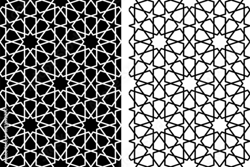 Seamless Islamic geometric pattern with repeating arabesque design. Editable vector background featuring traditional Middle Eastern and Moroccan geometry. Tileable ornamental pattern suitable for Rama