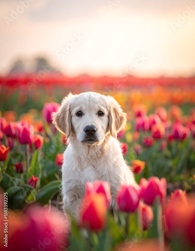 A golden retriever puppy gazes directly at the viewer amidst a vibrant field of colorful tulips during golden hour. Soft focus
