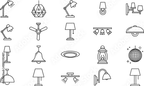 Black line icon set of lighting fixtures featuring desk lamps, ceiling chandeliers, wall sconces, and interior decoration elements vector