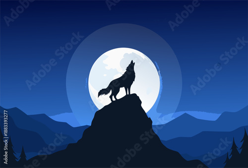 Wolf Howling at Full Moon on Mountain Peak at Night