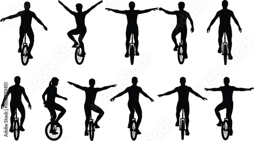 Black and white unicycle performers silhouette collection, minimalist circus balancing icons, dynamic unicyclist stunts vector set, modern one wheel athletic performance,