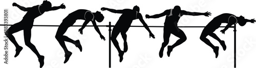 High jump athlete silhouette sequence showing jumping movements, track and field sports motion, black and white athletic competition vector illustration,