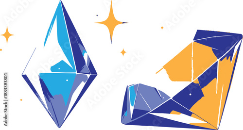 Abstract geometric blue and orange crystal shapes with yellow stars on white background Keywords: crystal, gem, gemstone, abstract