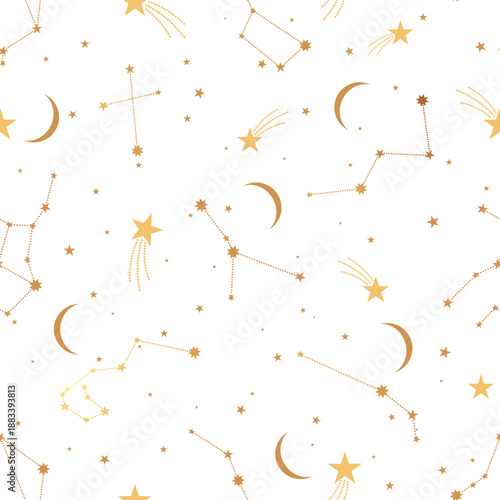 Seamless pattern with gold constellation on white. Vector illustration