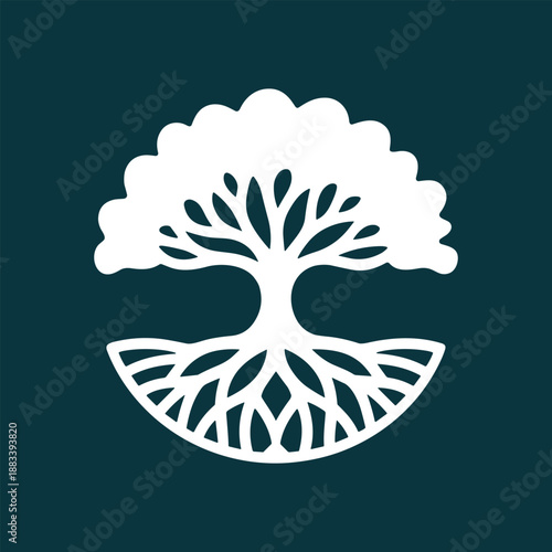 Elegant White Tree of Life Illustration with Intricate Roots Design on Dark Teal Background