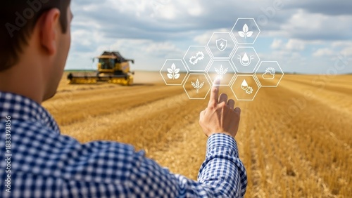 Farmer points to a digital interface with agricultural icons in a golden wheat field near a combine, showing future farming technologies.