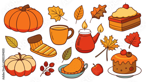 Cozy autumn delights: pumpkins, leaves, and sweet treats Vector