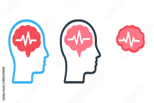 Brain activity monitoring icons set with heartbeat line in human head silhouette