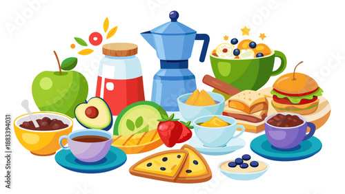 Vibrant assortment of breakfast items and beverages Vector