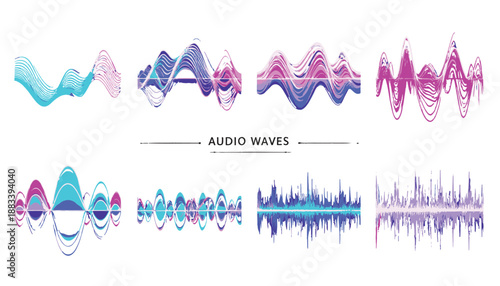 Diverse abstract audio wave visualizations on a clean white background sound waveform