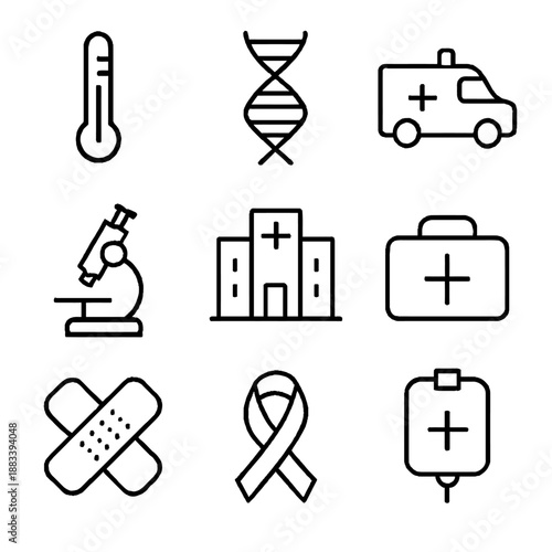Medical and healthcare icons set thermometer, dna, ambulance, microscope, hospital, first aid kit, bandage, awareness ribbon, iv bag