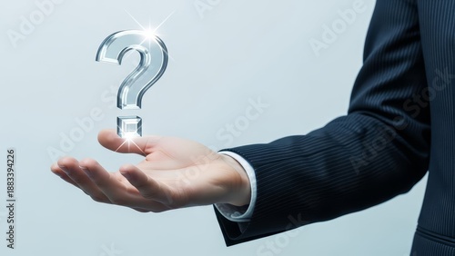 Hand holds a glowing question mark, symbolizing inquiry, uncertainty, and the need for answers.