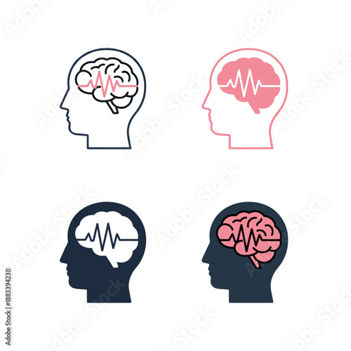 Brain activity monitoring in human head profile outline and solid icons set