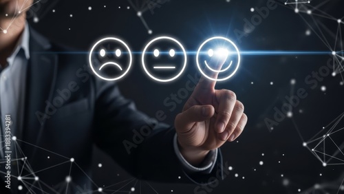 Hand selects a glowing smiley face icon, representing positive feedback for customer satisfaction.