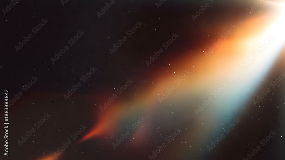 Fototapeta premium A dramatic beam of light cuts through the darkness, creating a vibrant, colorful lens flare effect