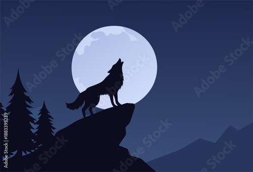 Wolf Howling at Full Moon Silhouette on Mountain Peak