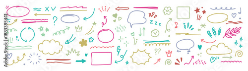 Arrow hand drawn line set. Scribble sketch line element in hand drawn colorful marker, pencil stroke style. Decorative curve arrow, underline, Vector illustration.