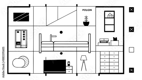Modern studio apartment layout with bedroom and living area Vector