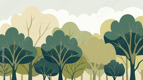 Serene forest landscape with diverse tree canopies Vector