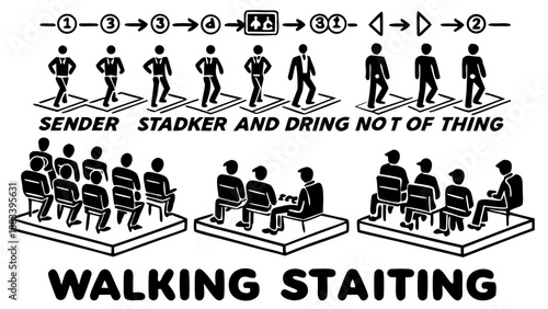 Sequential process of walking, standing, and sitting in a structured environment Vector