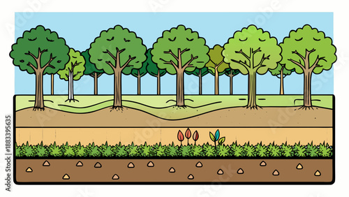 Illustration of forest ecosystem layers and root system Vector
