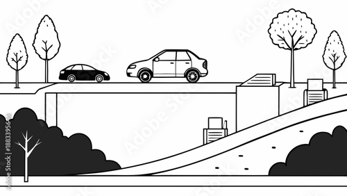 Illustrated urban highway with vehicles and greenery Vector