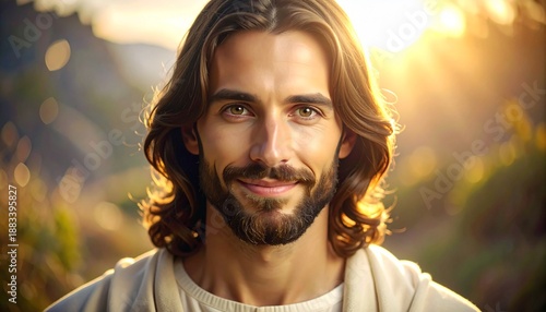 Cute Close Up Portrait of Jesus Christ with Gentle Smile and Soft Devotional Light