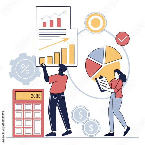 Analyzing financial data and business growth with charts, calculators, and detailed reports. This illustration depicts two individuals engaged in financial and business analysis. A man is shown presen