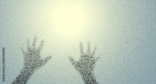 Hands reaching for the sky and sun. Concept of faith and hope for the best in a retro grainy gradient pattern. 
