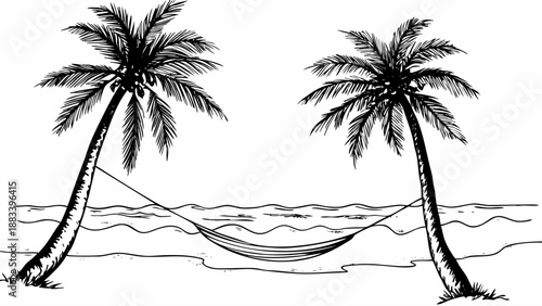 Serene tropical beach scene with hammock between palm trees