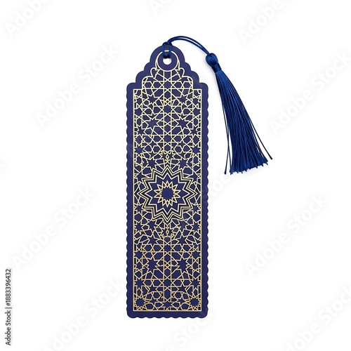 Illustration of blue and gold ornate bookmark with tassel isolated on white background