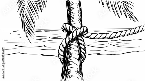 Monochrome palm tree trunk with rope tied around it near ocean