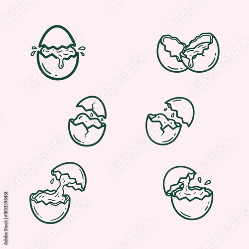 Cracked Egg Icons Set – Hand Drawn Yolk Splash Line Art Vector | Broken Egg Shell Vector Collection – Minimal Breakfast & Easter Icons