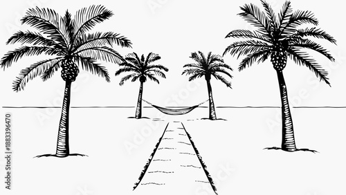 Tropical beach path with palm trees and hammock at sunset