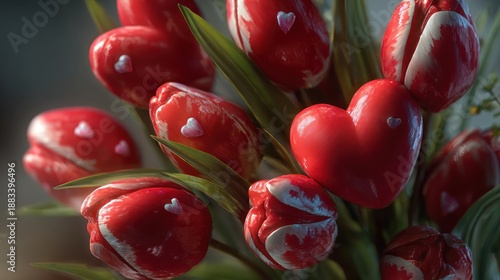 A cluster of Valentine hearts in a bouquet of red tulips, 8k, realistic, full ultra HD, high resolution, cinematic photography