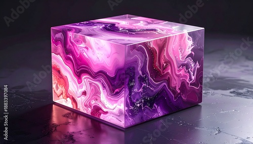 Futuristic Abstract Geometric Cube with Purple Pink Marble Layers and Studio Realism